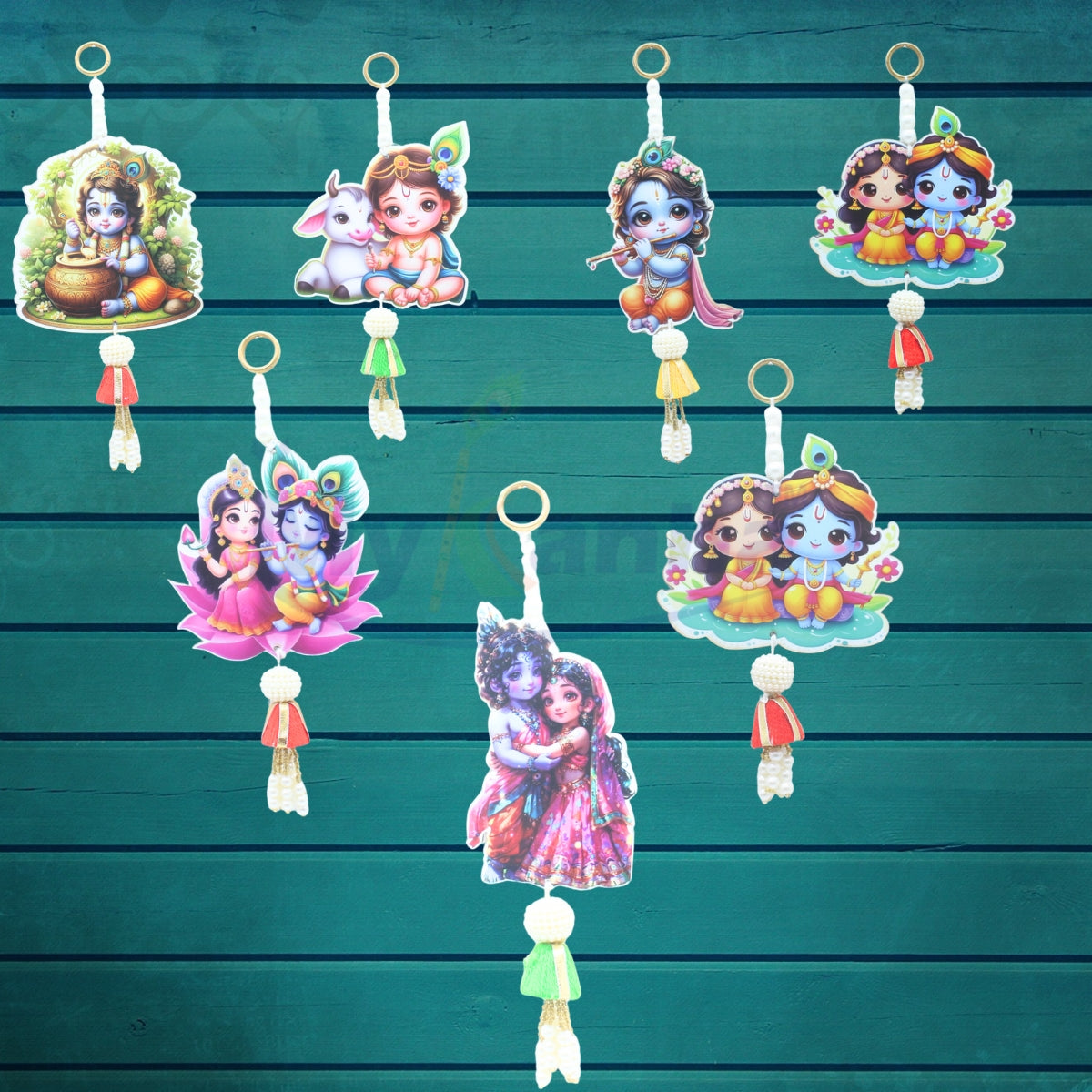 Handcrafted MDF Radha Krishna Hangings with Beads & Tassels for decoration ( 7 Pcs)