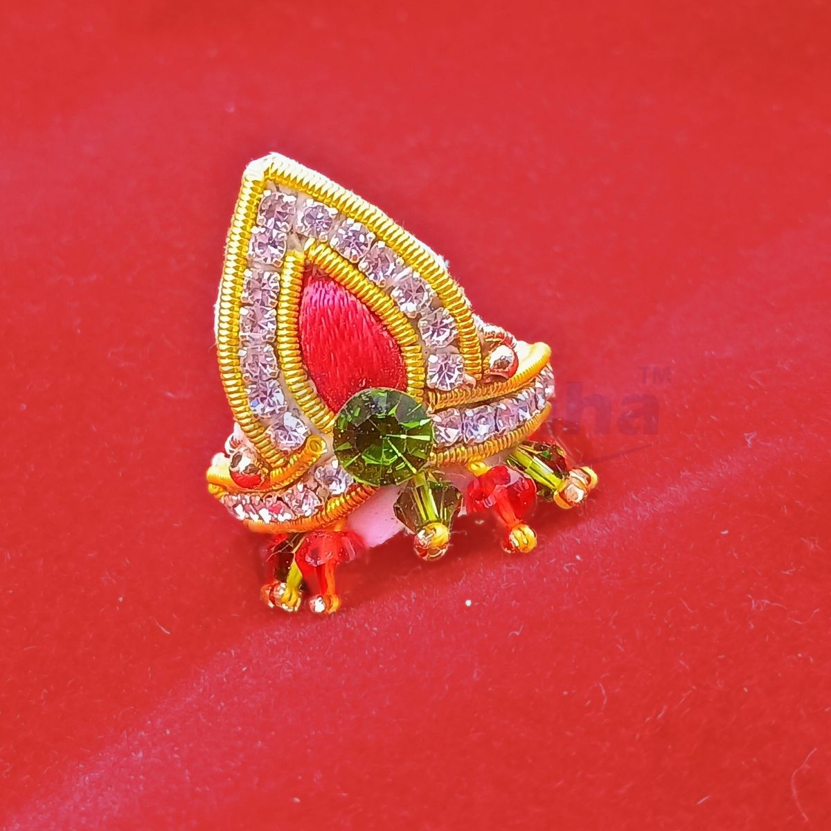 Zari work red and green designer mukut for Idols