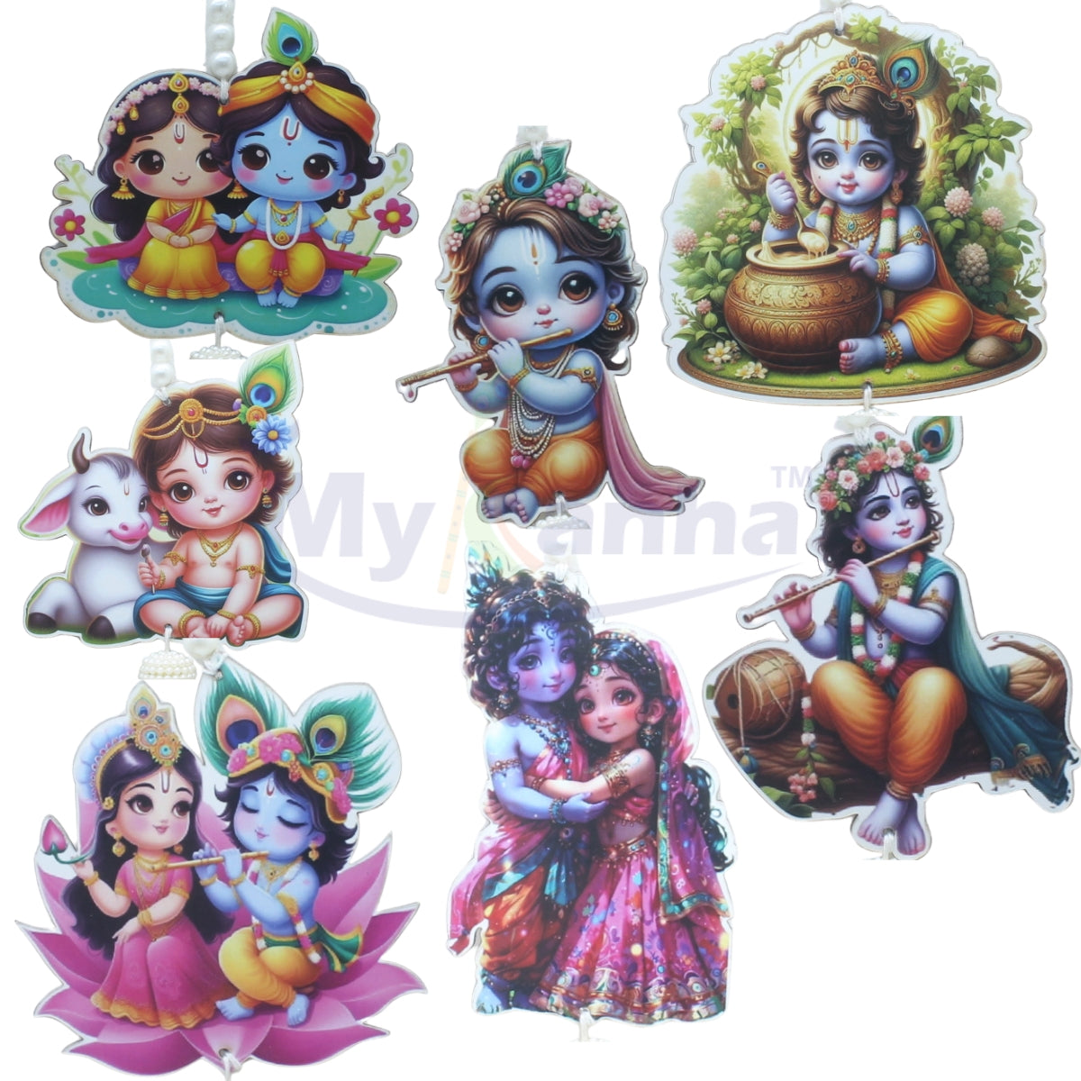 Handcrafted MDF Radha Krishna Hangings with Beads & Tassels for decoration ( 7 Pcs)