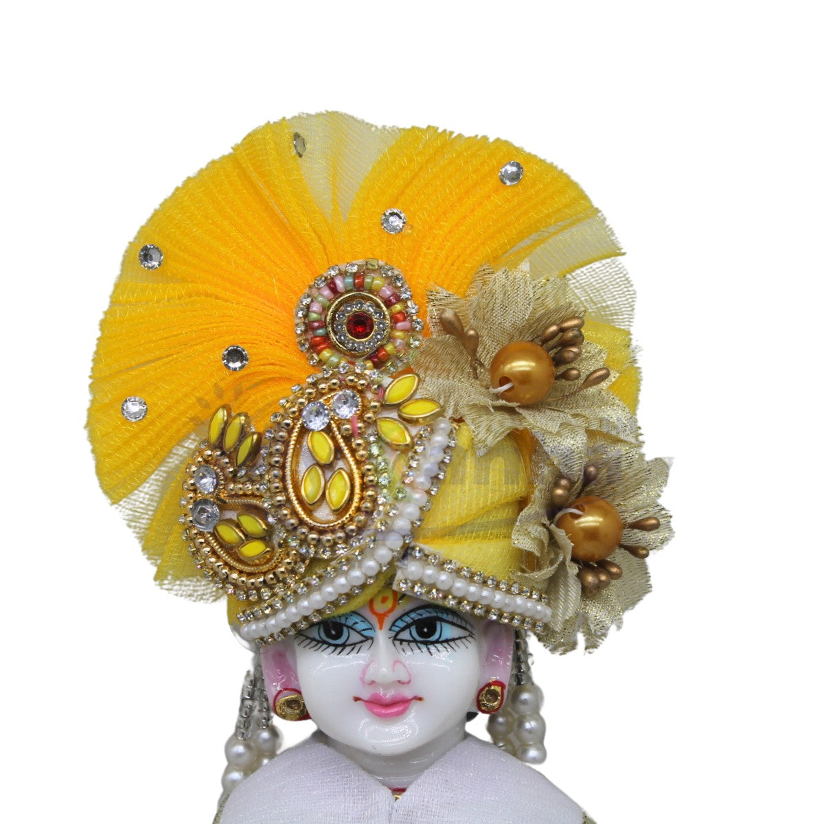 Yellow Stone-Studded Pagdi with Floral Design for Idols
