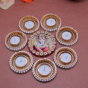 Ganesha Stone Rangoli Style T-Light Candle Holder ( 8 Pcs )