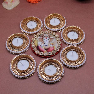 Ganesha Stone Rangoli Style T-Light Candle Holder ( 8 Pcs )