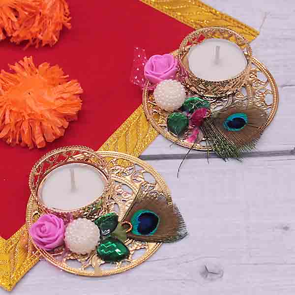 Handmade Mor Pankh Decorated T-Light Candle Holder