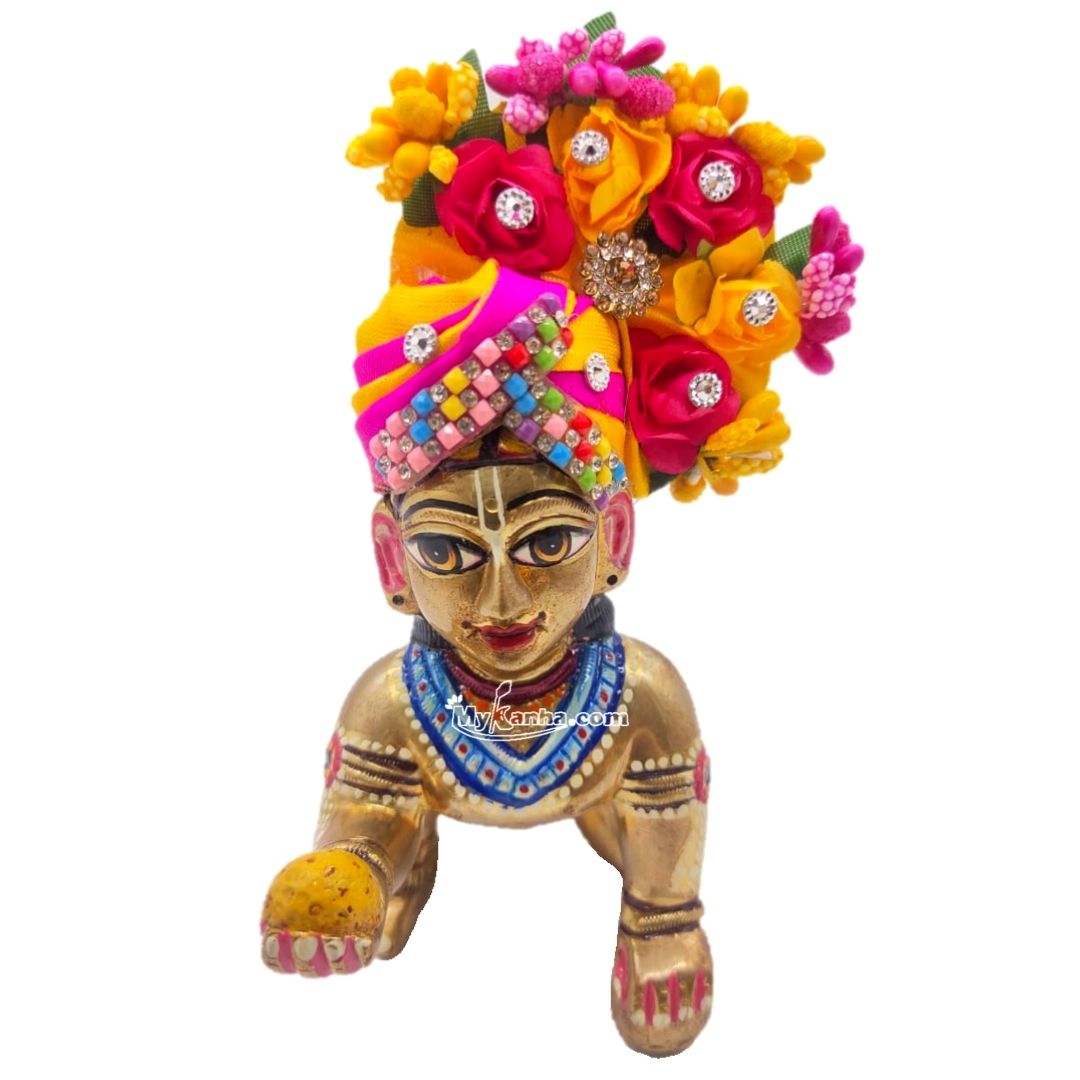 Thakur Ji Flower Decorated Yellow Fancy Mukut/Pagadi