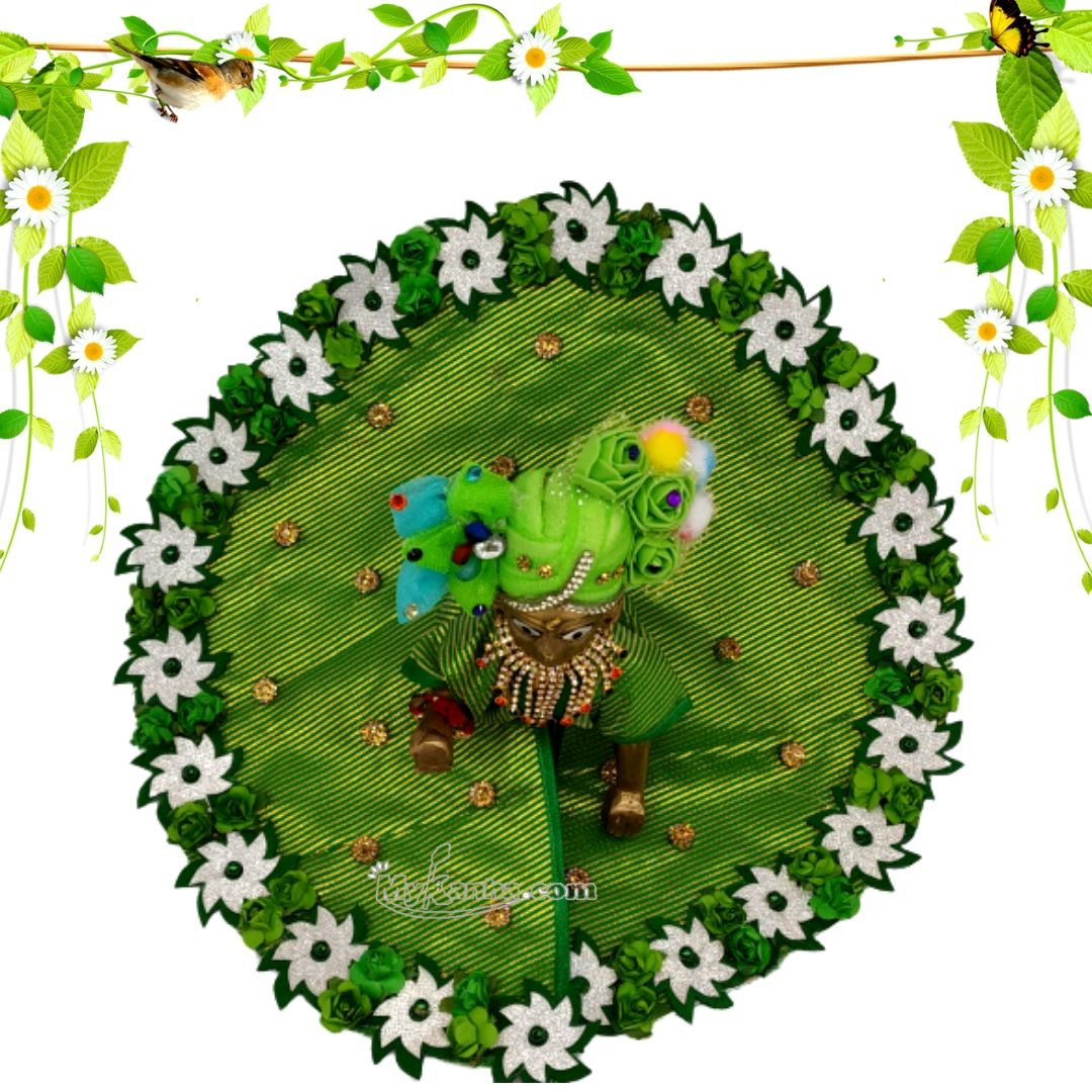 Laddu gopal Green Zari stone and flower decorated dress.