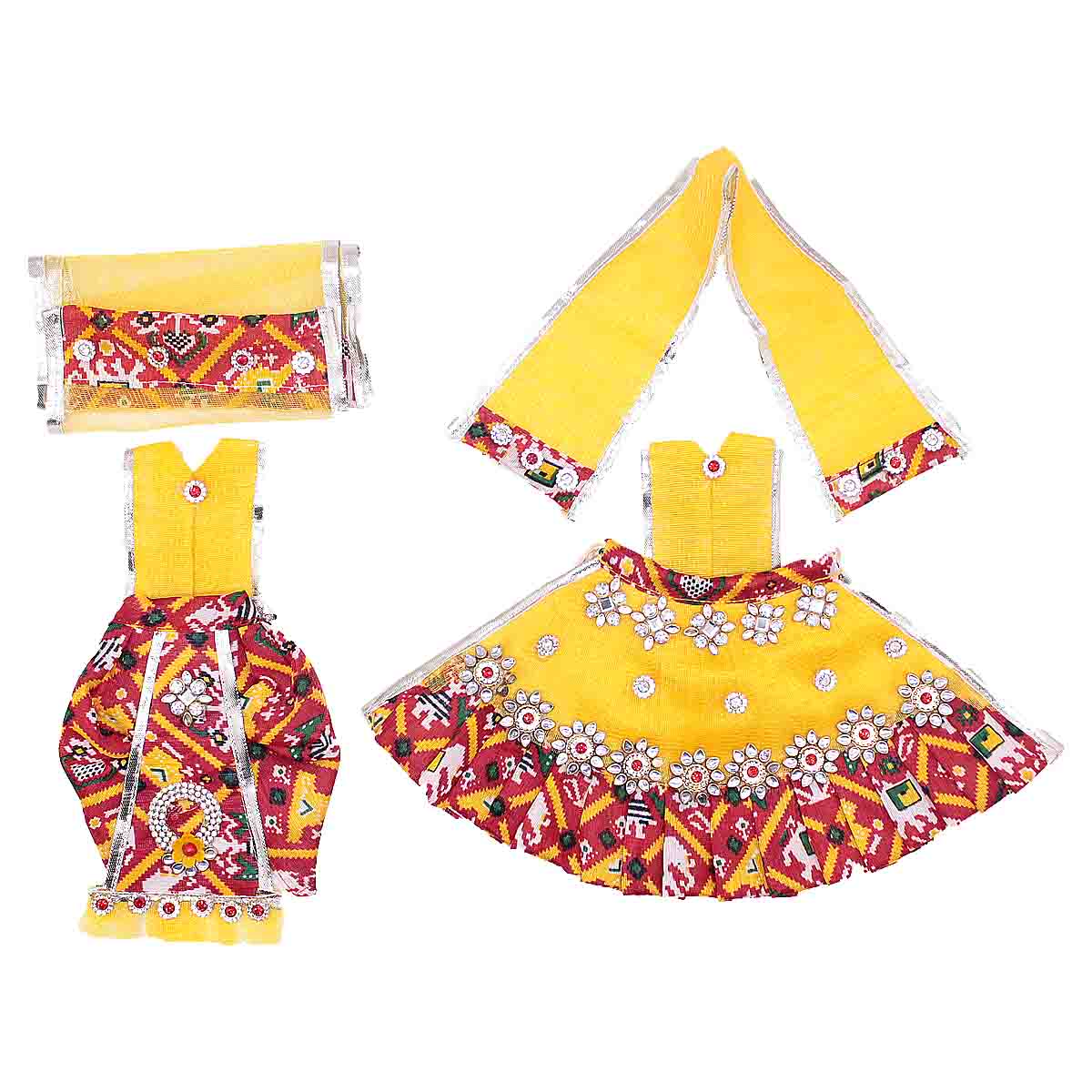 Decorated Yellow and Bhandej Red Dress For Radha Krishna ji