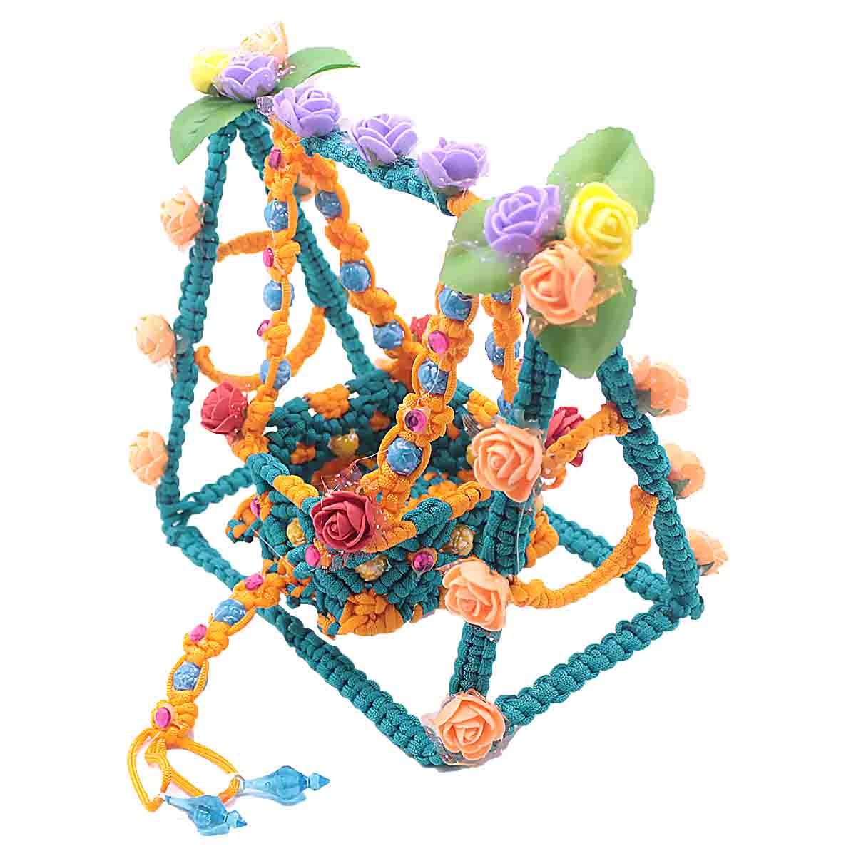 Yellow And Sea Green Flower Decorated Handmade jhoola