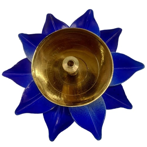 MultiColor Lotous Brass diya For Pooja ( 3 inch )-Blue