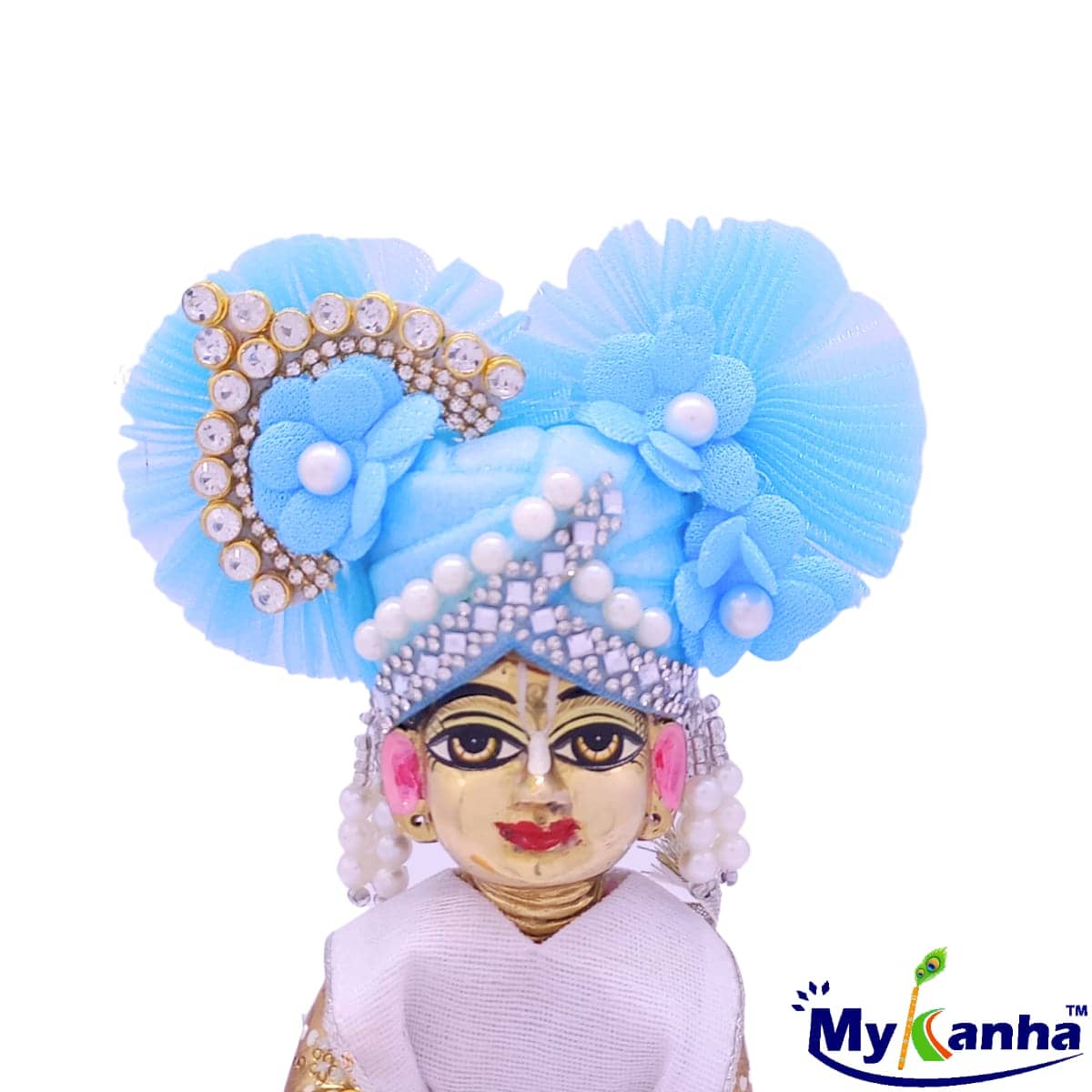 Bead and Flower decorated Blue Pagdi for Thakur ji