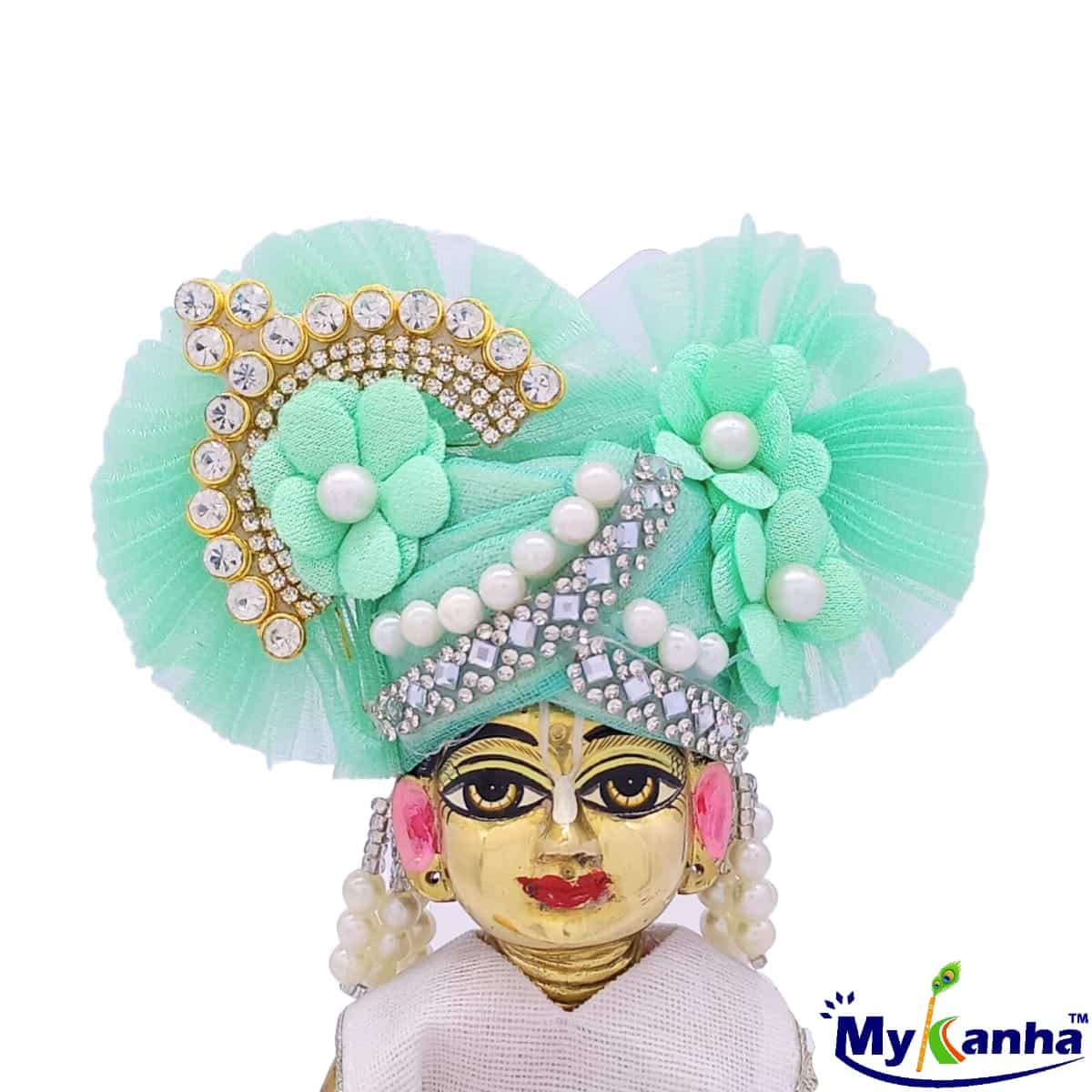 Bead and Flower decorated Sea Green Pagdi for Thakur ji