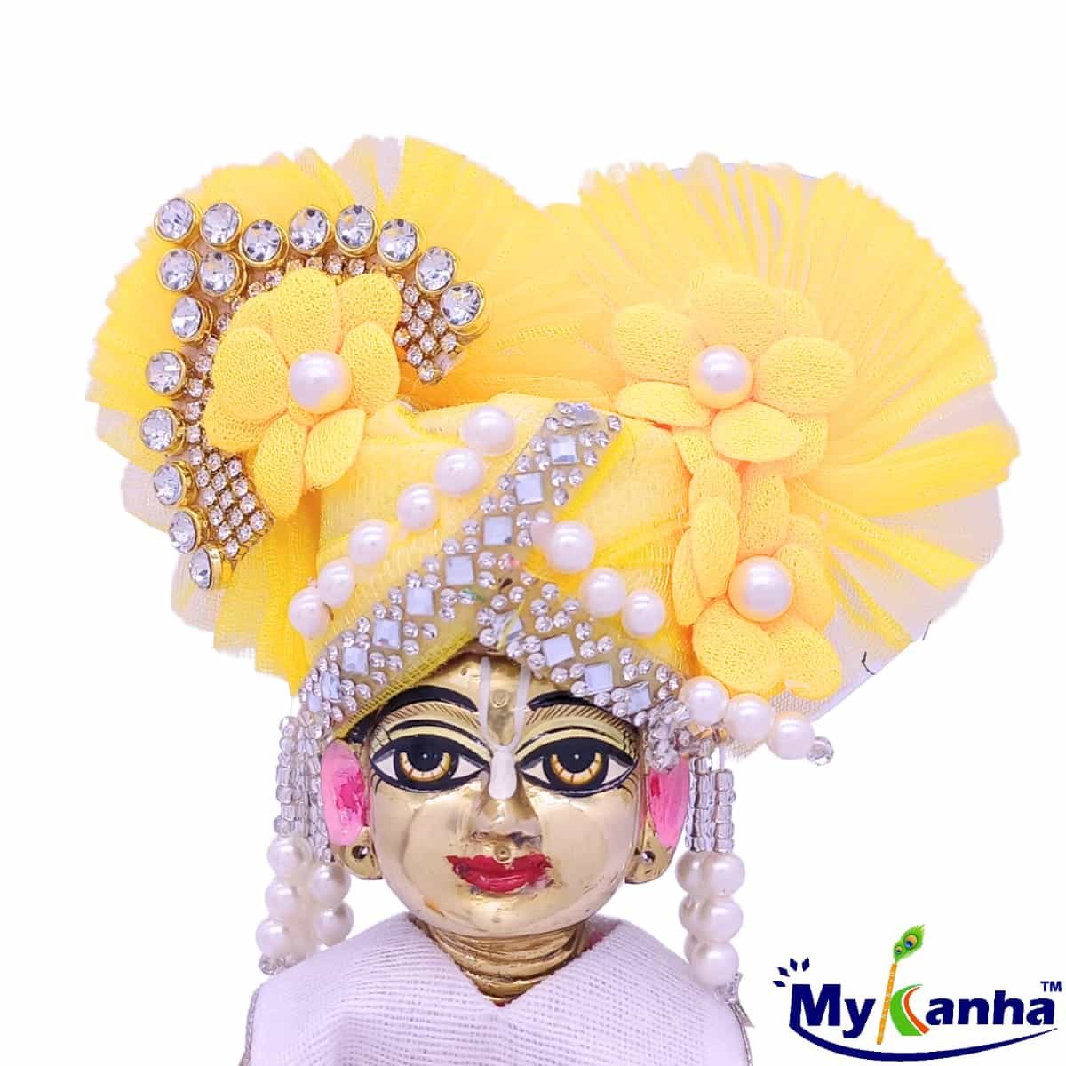 Bead and Flower decorated yellow Pagdi for Bal Gopal ji