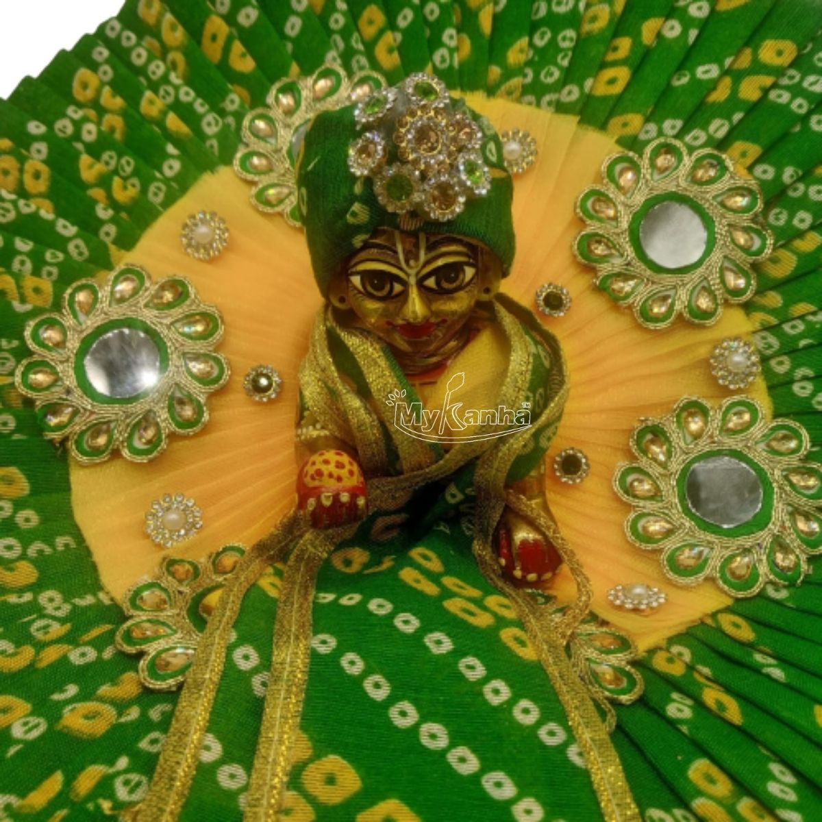 Bhandej Print Decorated Green Dress For Laddu Gopal