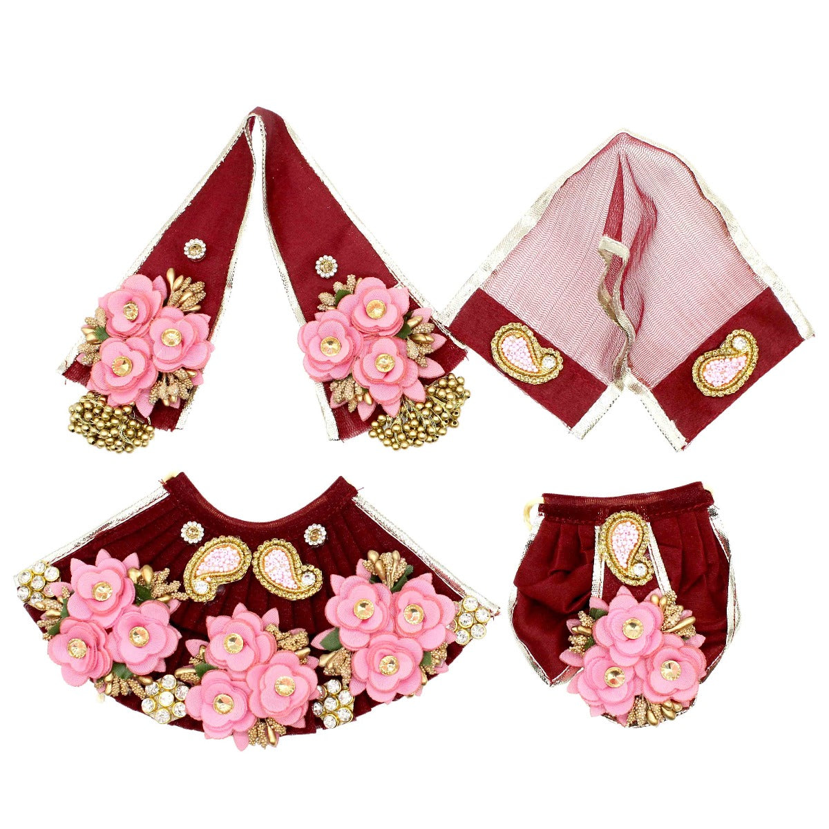 Stone & Flower Decorated Red Dress For Radha Krishna