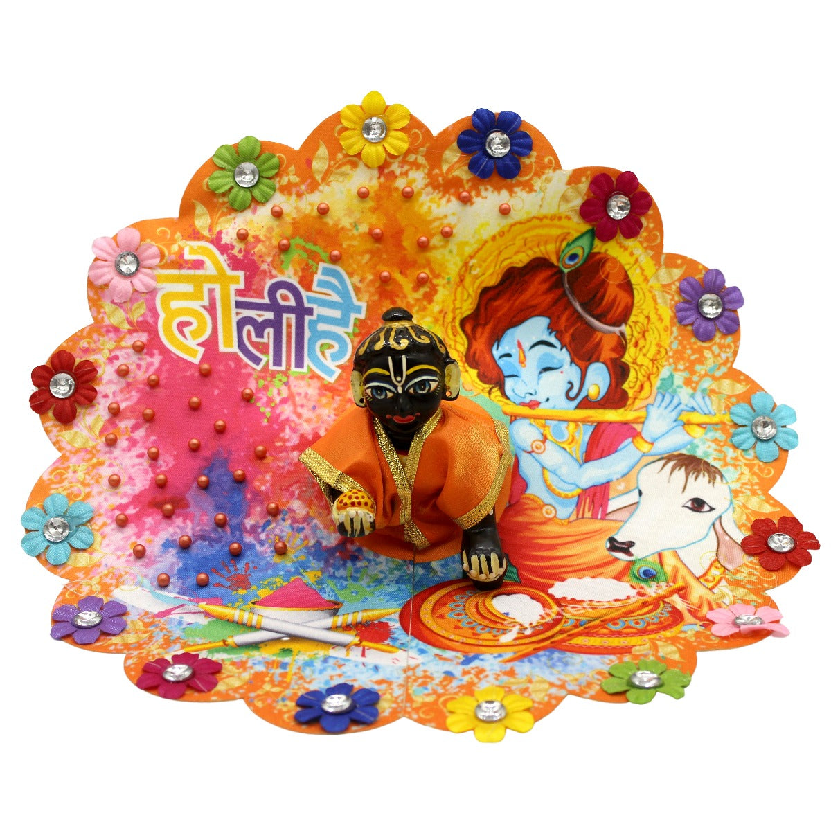 Holi Special Kanha & Cow Printed Orange Dress For Laddu Gopal