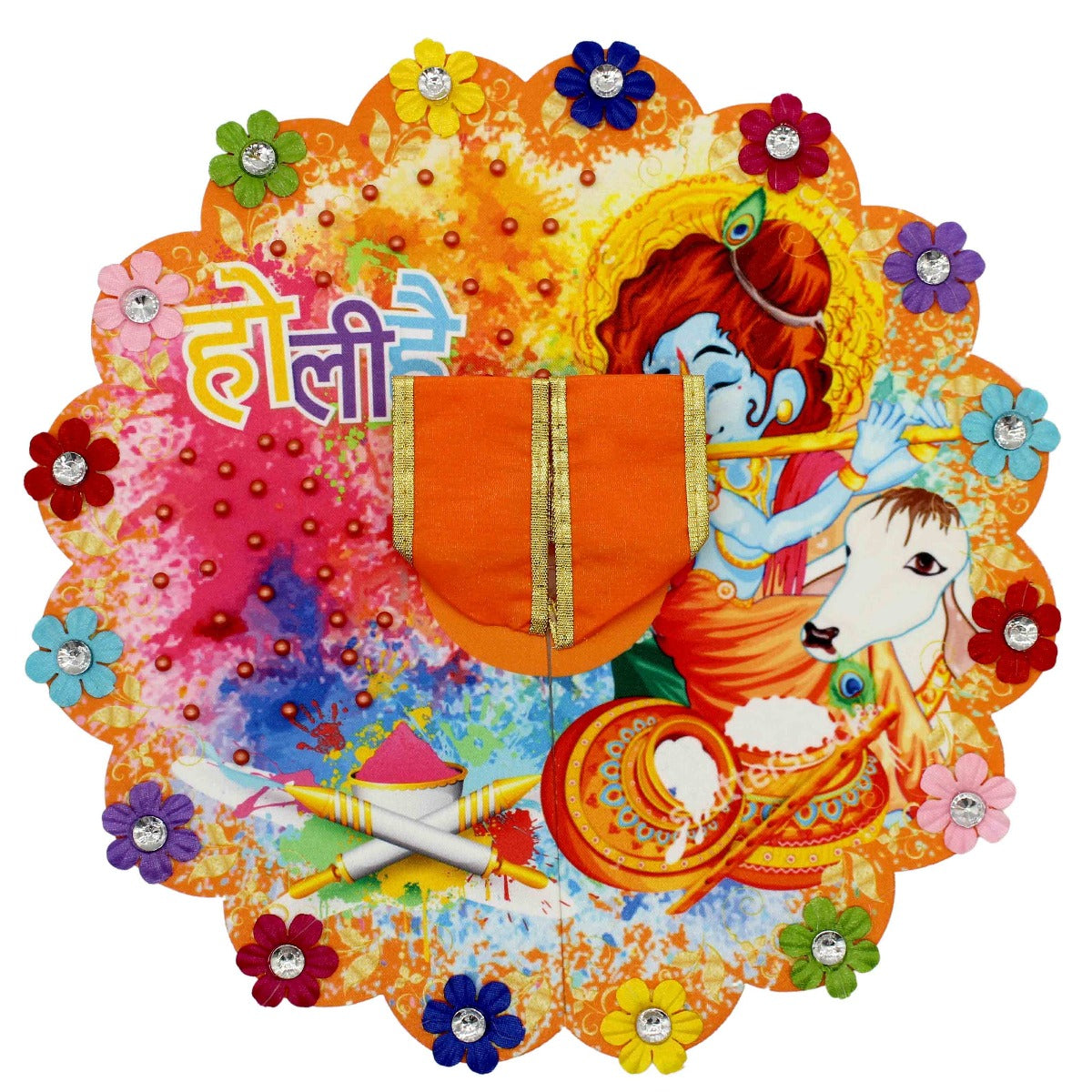 Holi Special Kanha & Cow Printed Orange Dress For Laddu Gopal