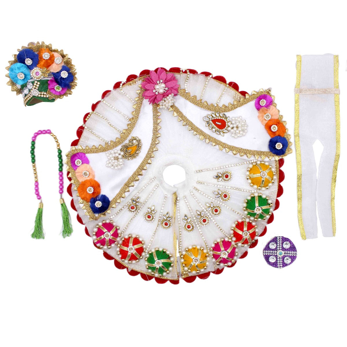 Flower Decorated White Dress For Laddu Gopal (Full set)