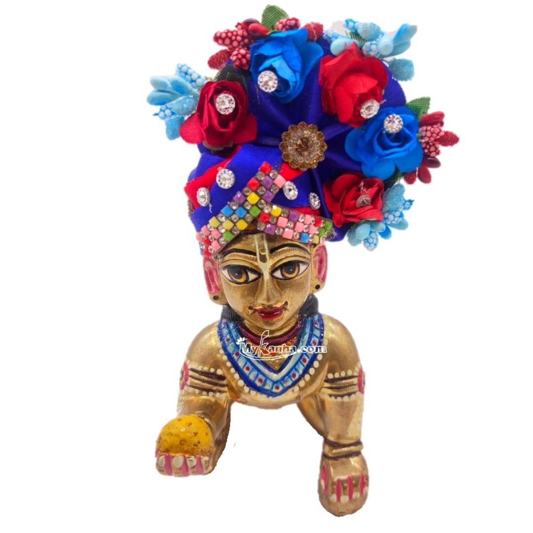 Thakur Ji Flower Decorated Blue Fancy Mukut/Pagadi