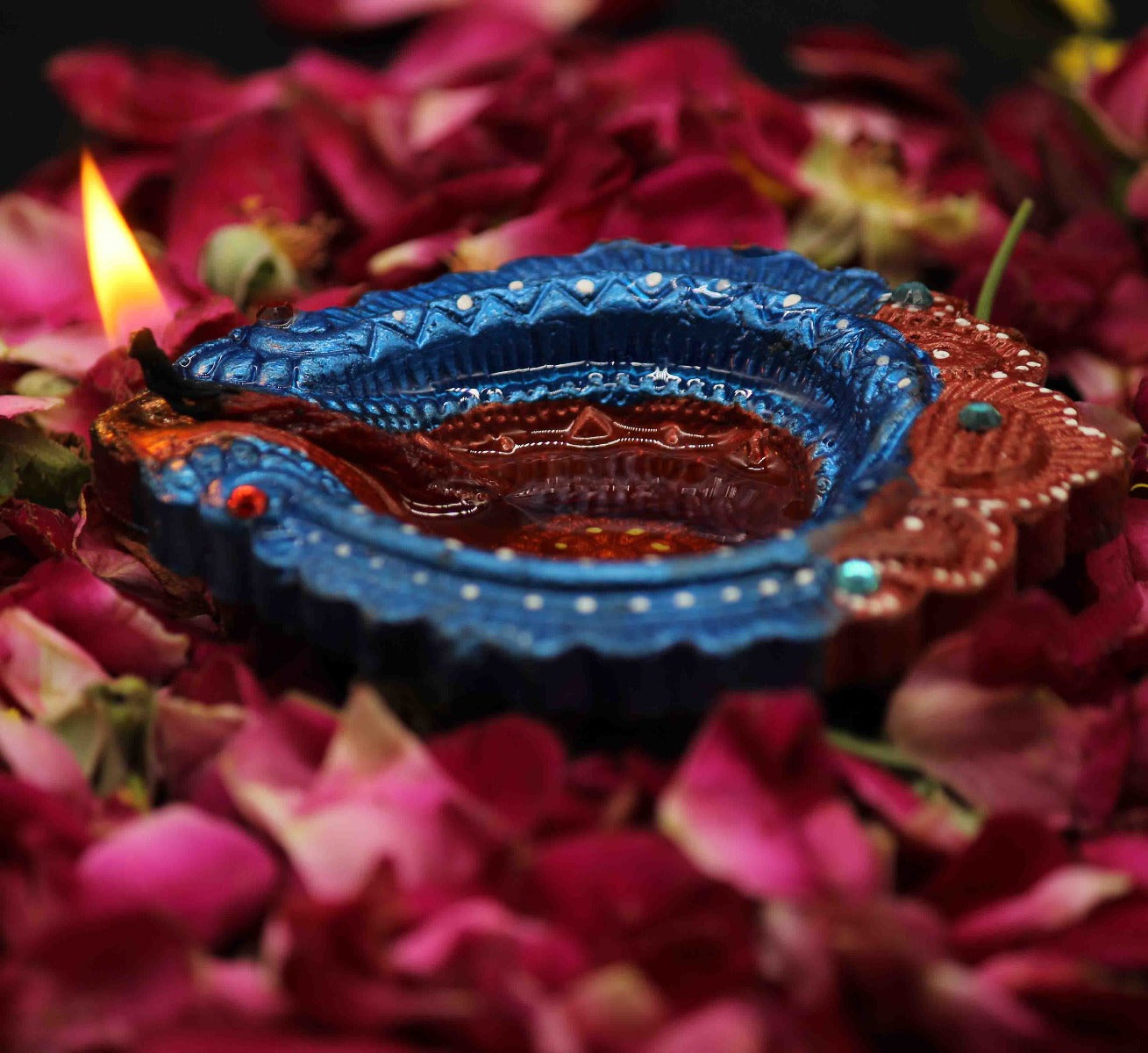 Multicolour Hand Painted Diya For Home/Temple/Pooja Decor (Set of 4)