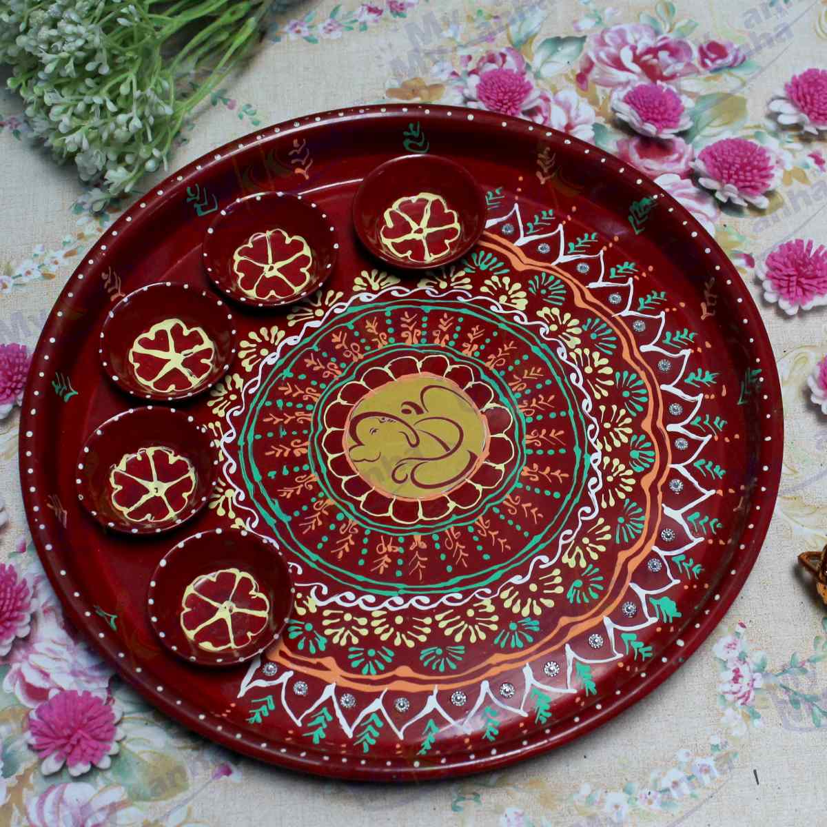 Lord Ganesha decorated and hand painted Pooja Thali