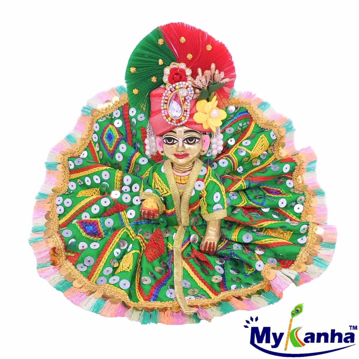 Green thread work border decorated dress for Laddu Gopal Ji