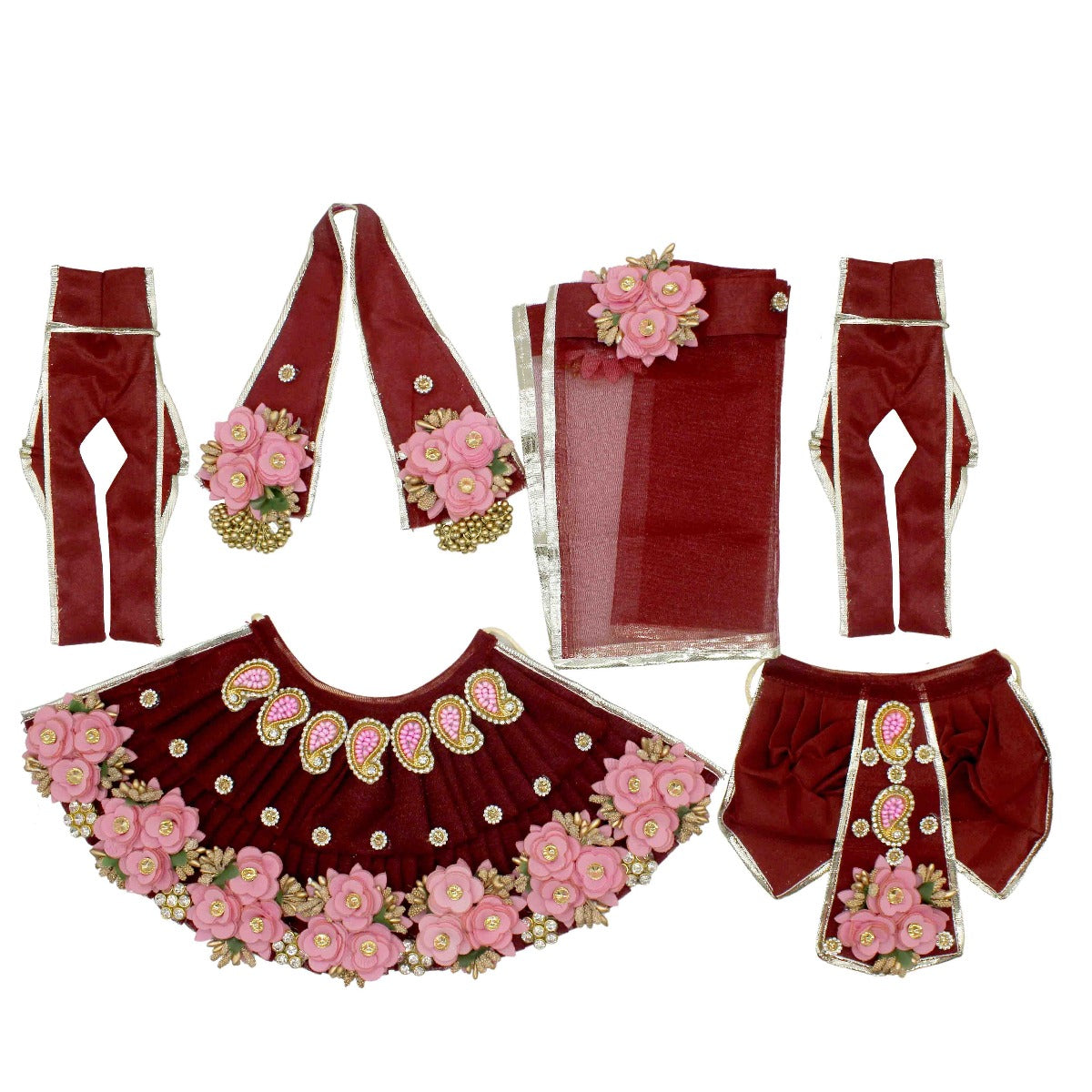 Stone & Flower Decorated Red Dress For Radha Krishna