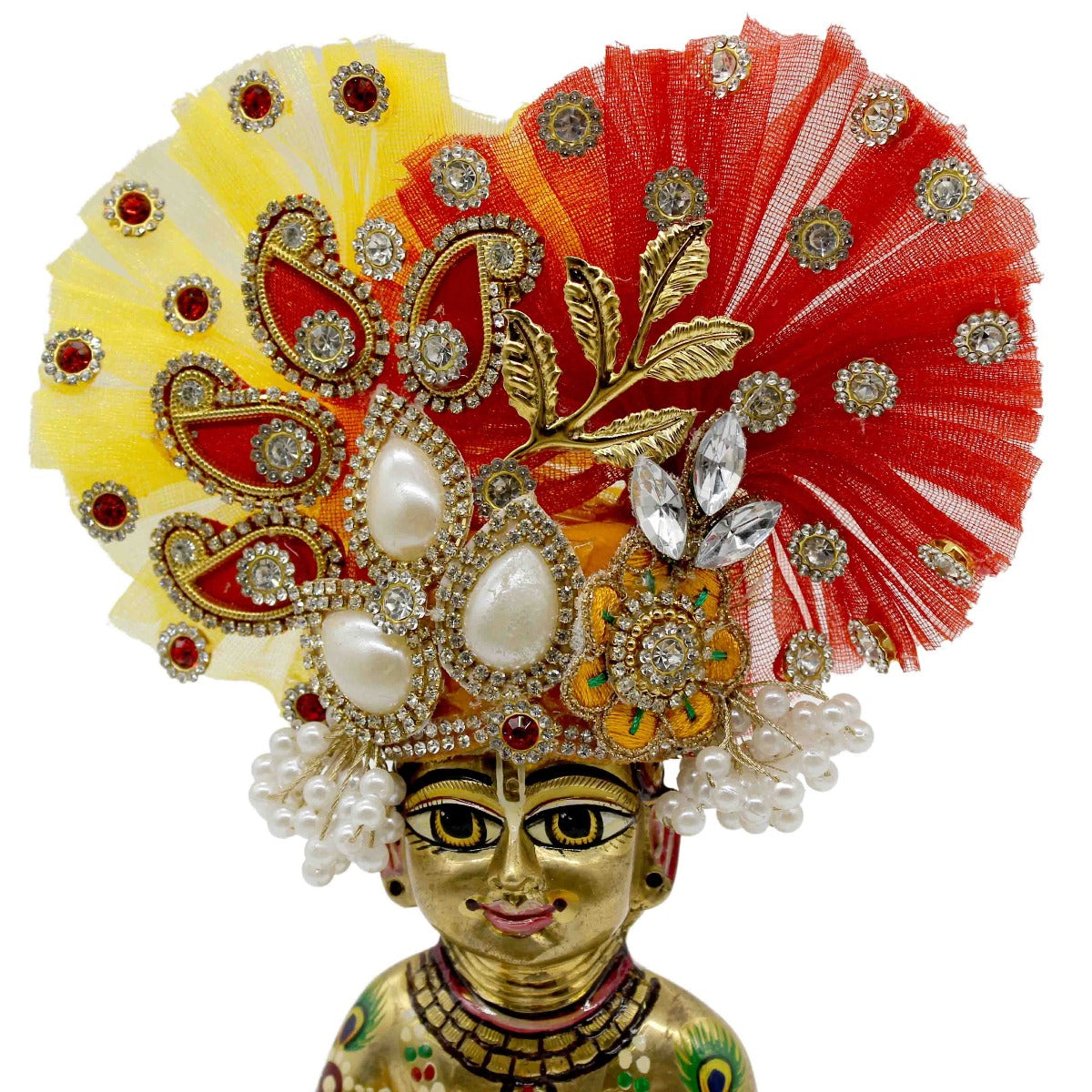 Heavy Leaf Design Yellow & Red Mukut/Pagdi For Thakur Ji
