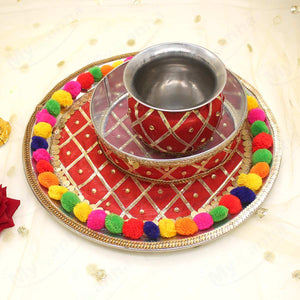 Pom Pom decorated Red Karwachuth Thali
