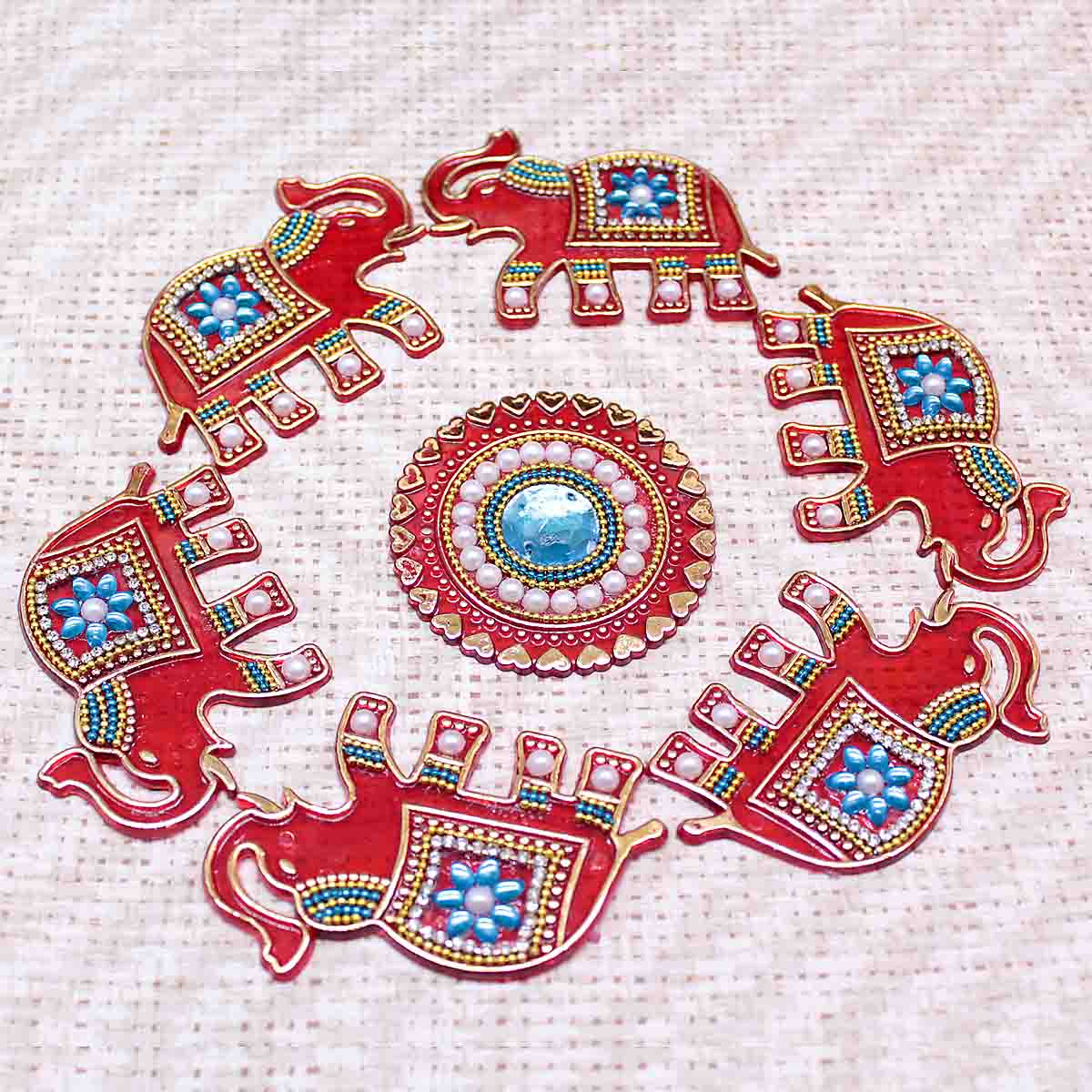 Handmade Elephant Rangoli 7 Pieces Set (Red)