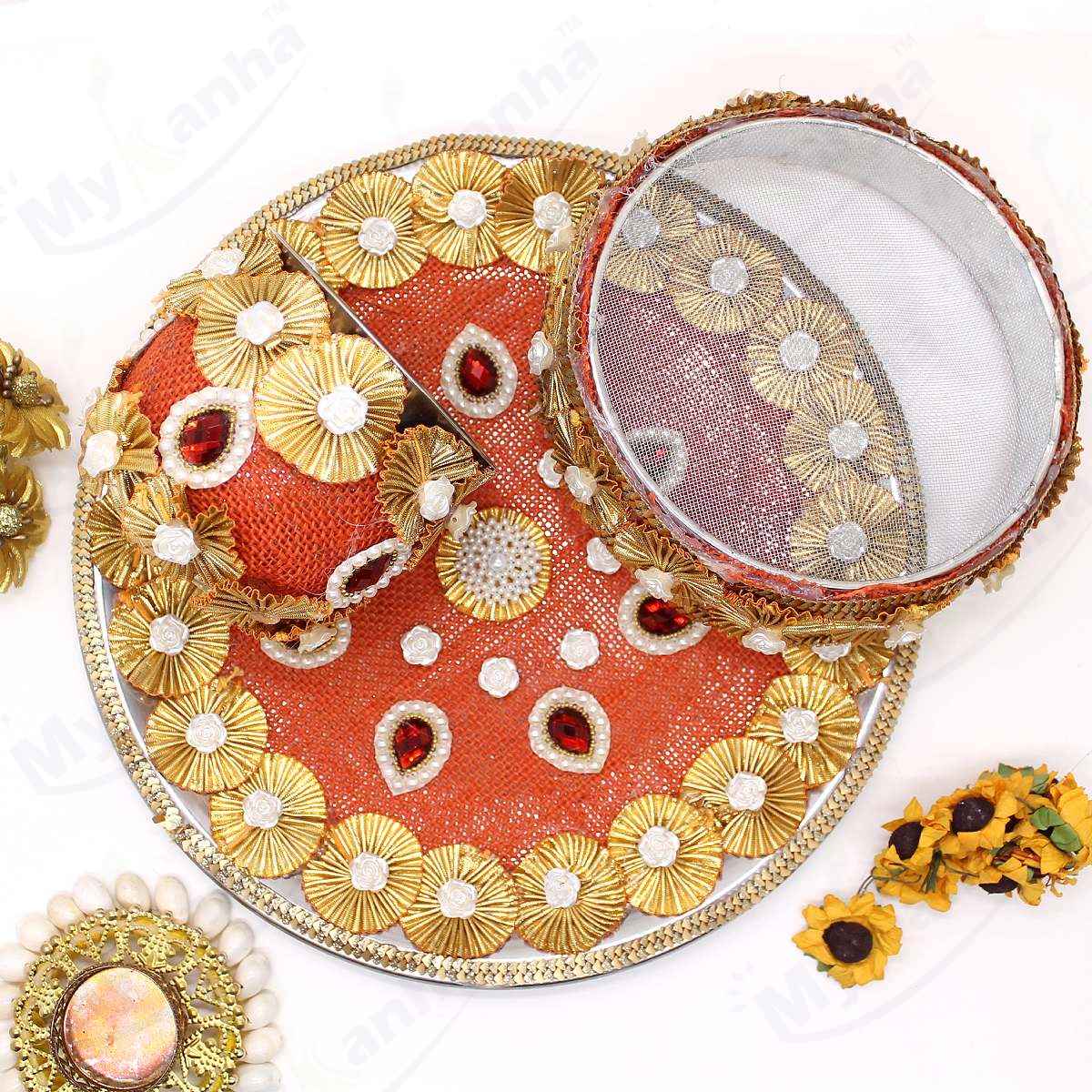Stone beads hand decorated Orange Karwa chauth Thali