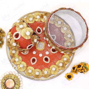 Stone beads hand decorated Orange Karwa chauth Thali