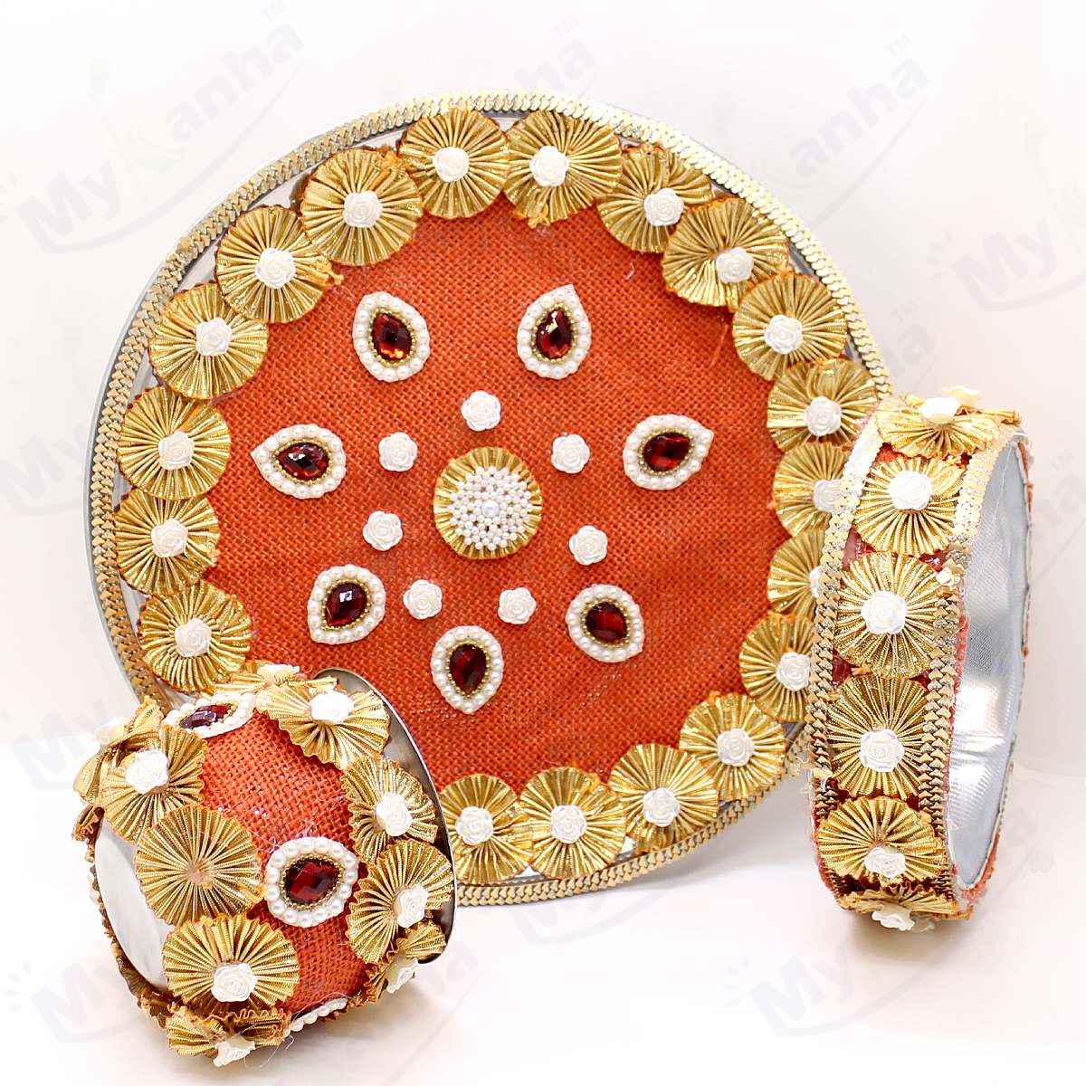 Stone beads hand decorated Orange Karwa chauth Thali