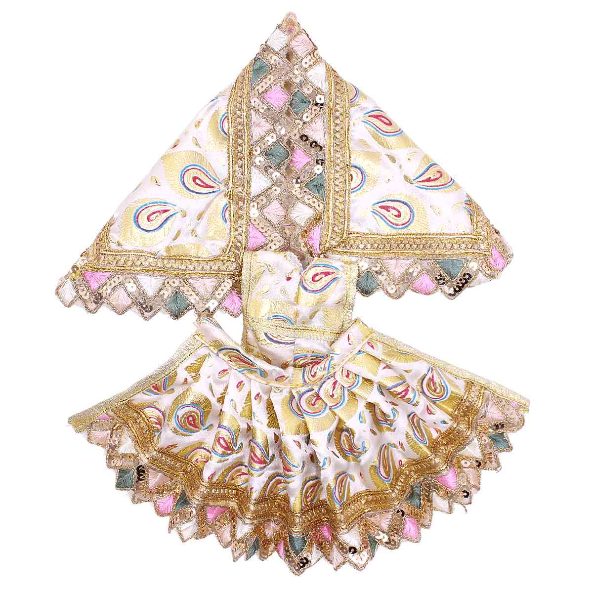 Feather printed and lace decorated dress for Mata rani