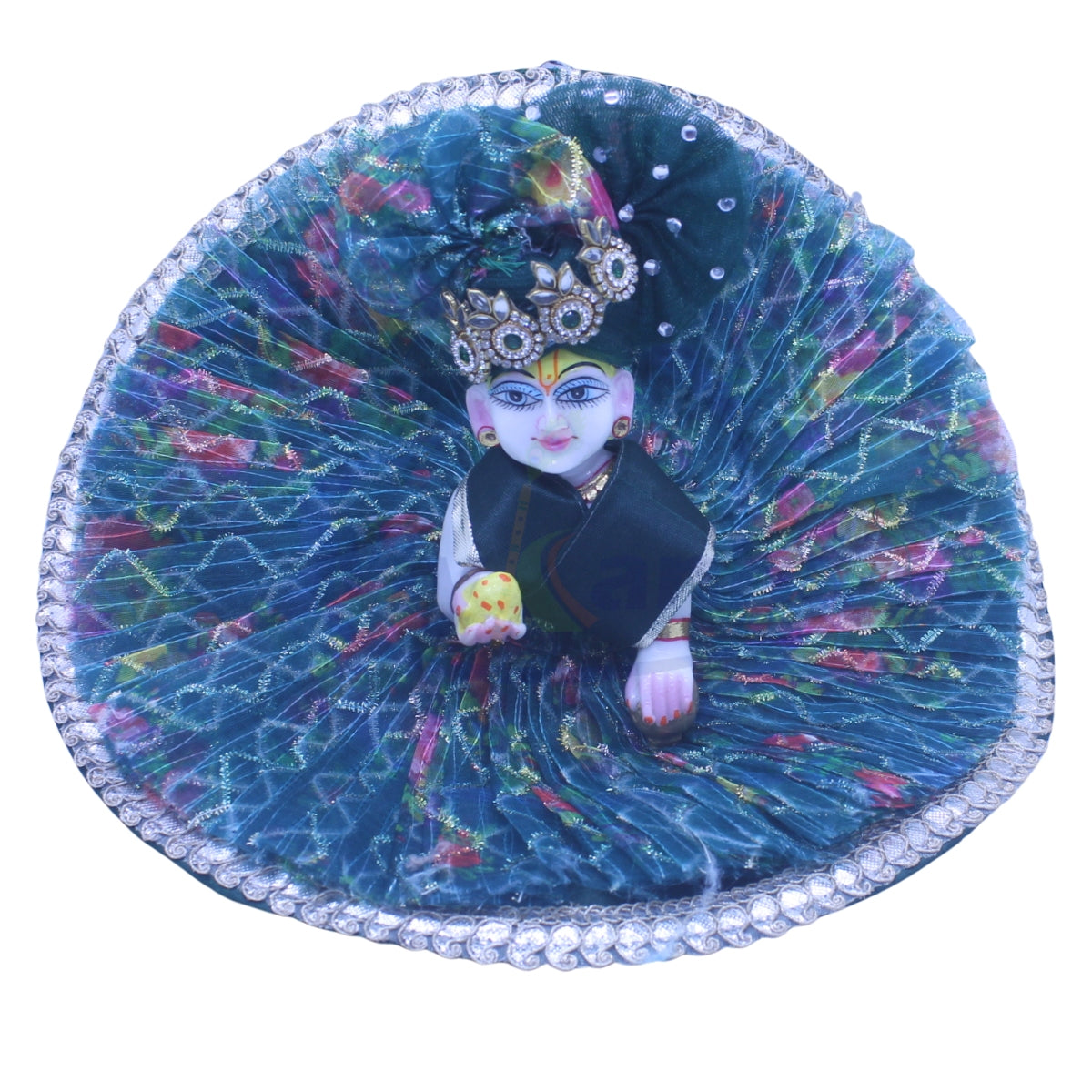 Net embroidery printed green dress with choli and pagdi for Laddu Gopal ji