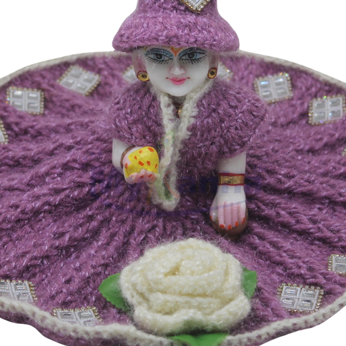 Mirror work patch decorated Lavender color woollen dress for Laddu Gopal ji