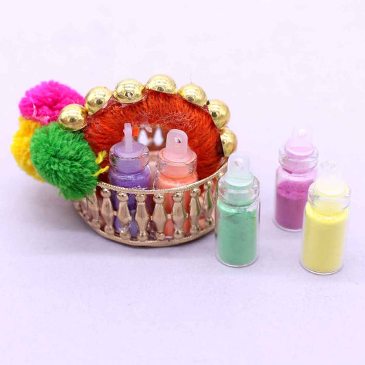 Cute Holi platter basket with color bottles