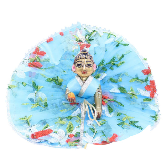 Sky blue flower design frill dress for Laddu Gopal Ji