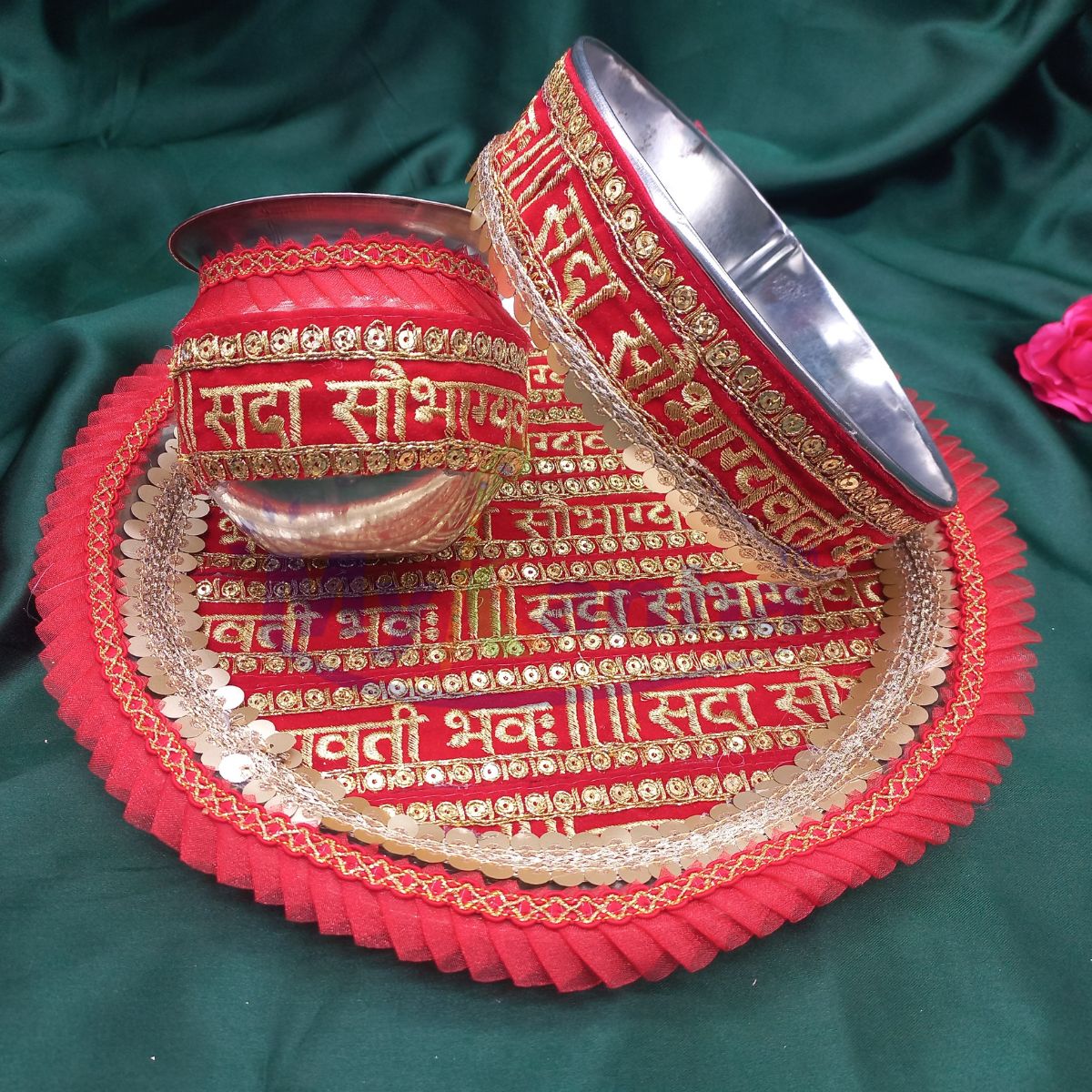 Red Sau Bhagya wati bhav karwachauth thali for Festival