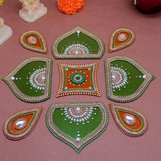 Handmade Decorated Rangoli 9 Pieces Set ( Green & Orange )