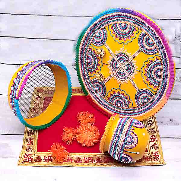 Decorated Karwa Chauth Thali Set Yellow