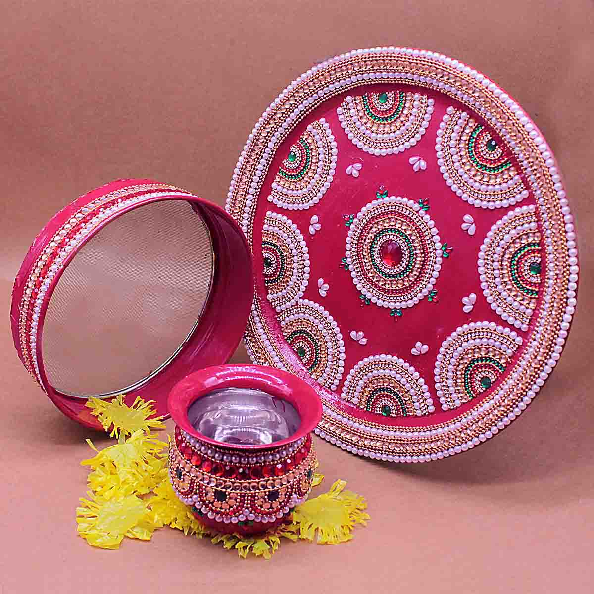 Handmade deisgner Karwachauth Thali set (Maroon)