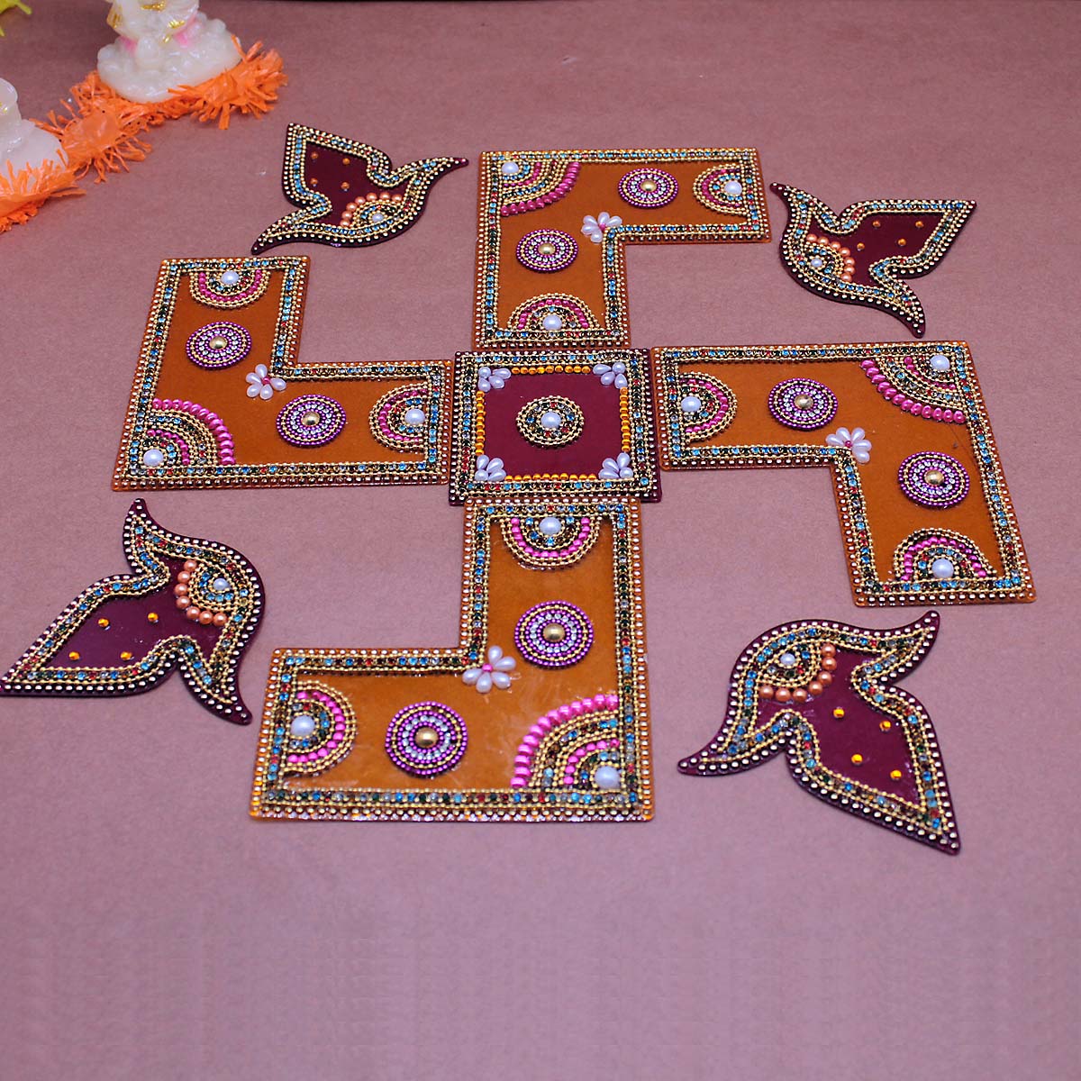 Multi Design Rangoli 9 Pieces Set ( Orange & Red )