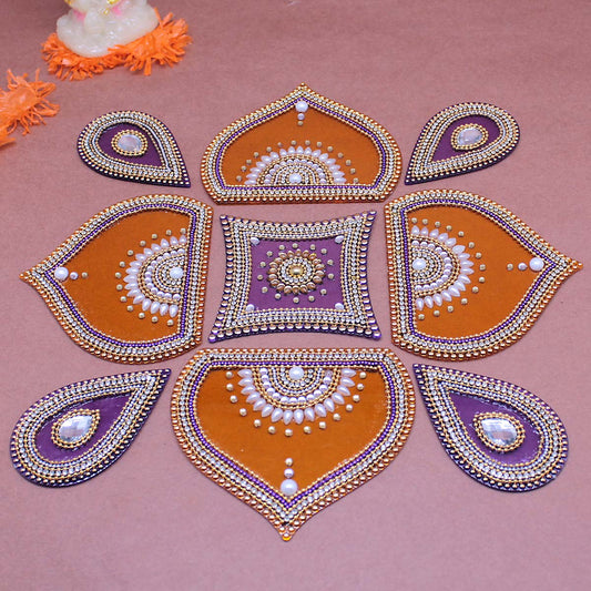 Handmade Decorated Rangoli 9 Pieces Set (  Orange & Purple )