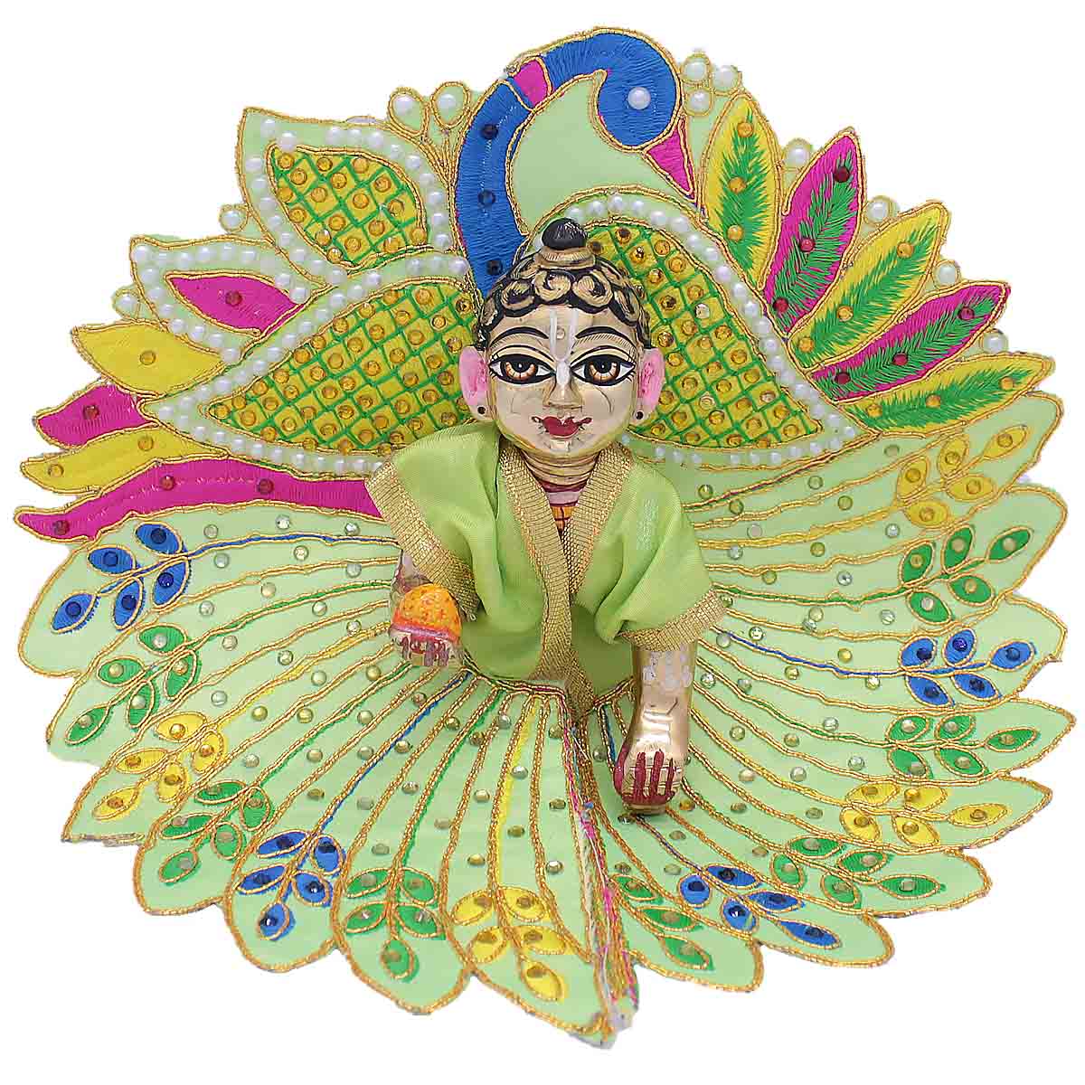 Moti Decorated Peacock Design Green Dress For Laddu Gopal