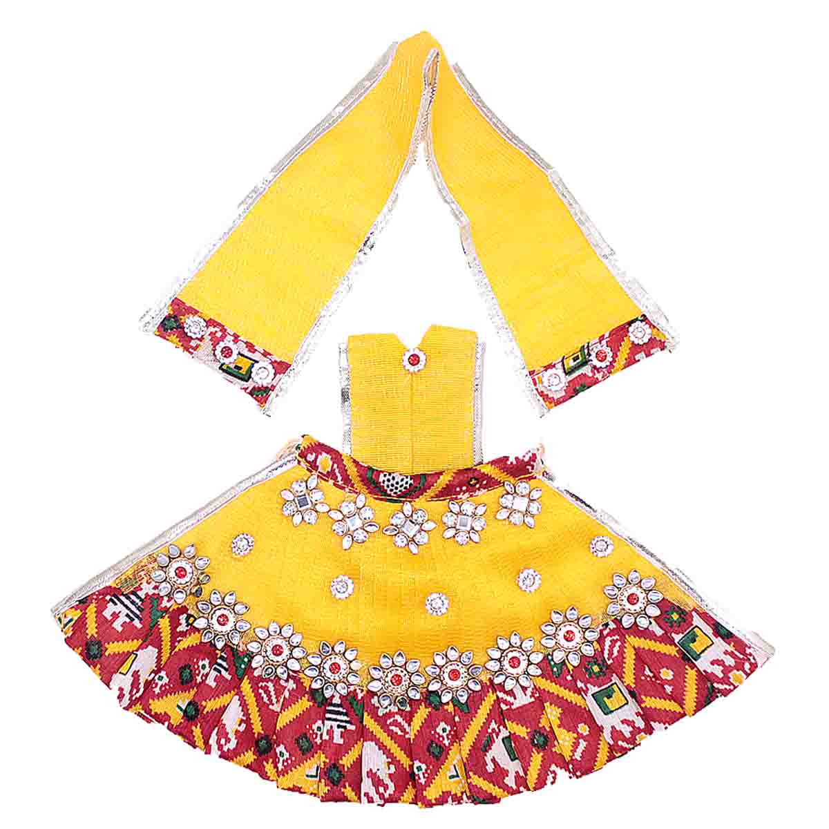 Yellow and Bhandej Red Dress for Mata Rani