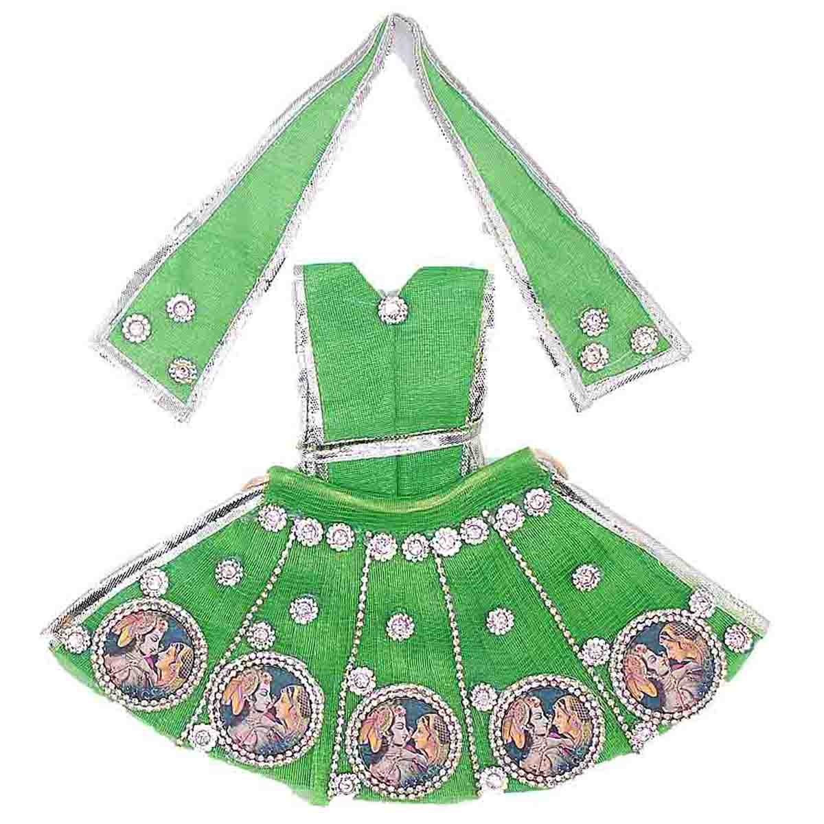 Radha Krishna Decorated Green Dress For Mata Rani