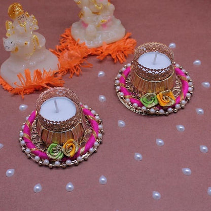 Decorated Drum Style T-Light Candle Holder  ( Set of 2 )