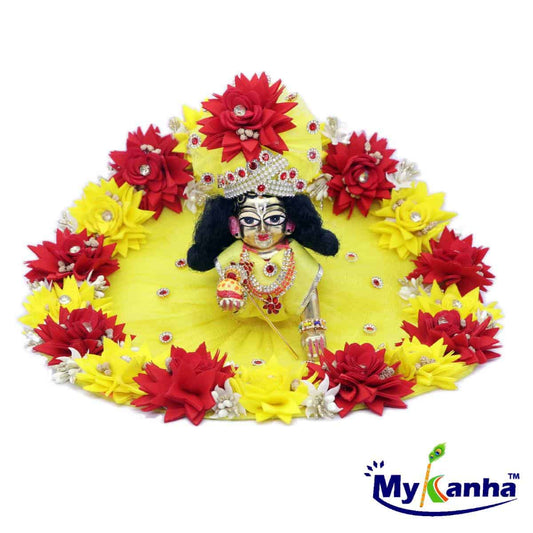 Heavy Flower Decorated Dress for Laddu Gopal Ji (Yellow & Red) with Mukut