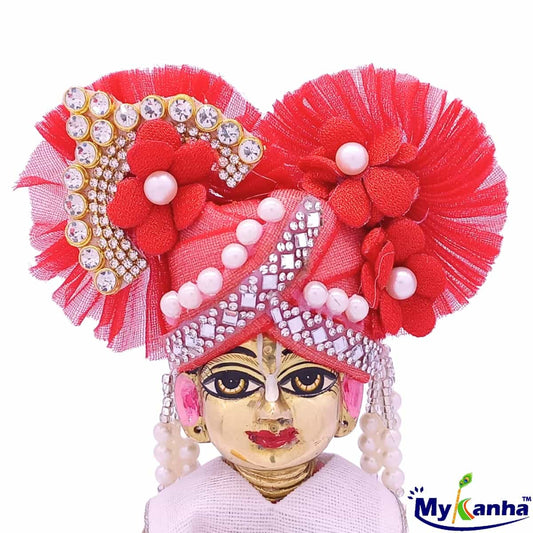 Bead and Flower decorated Red Pagdi for Bal Gopal ji