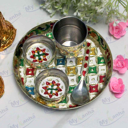 Meenakari decorated Bhog Thali with Spoon and bowl
