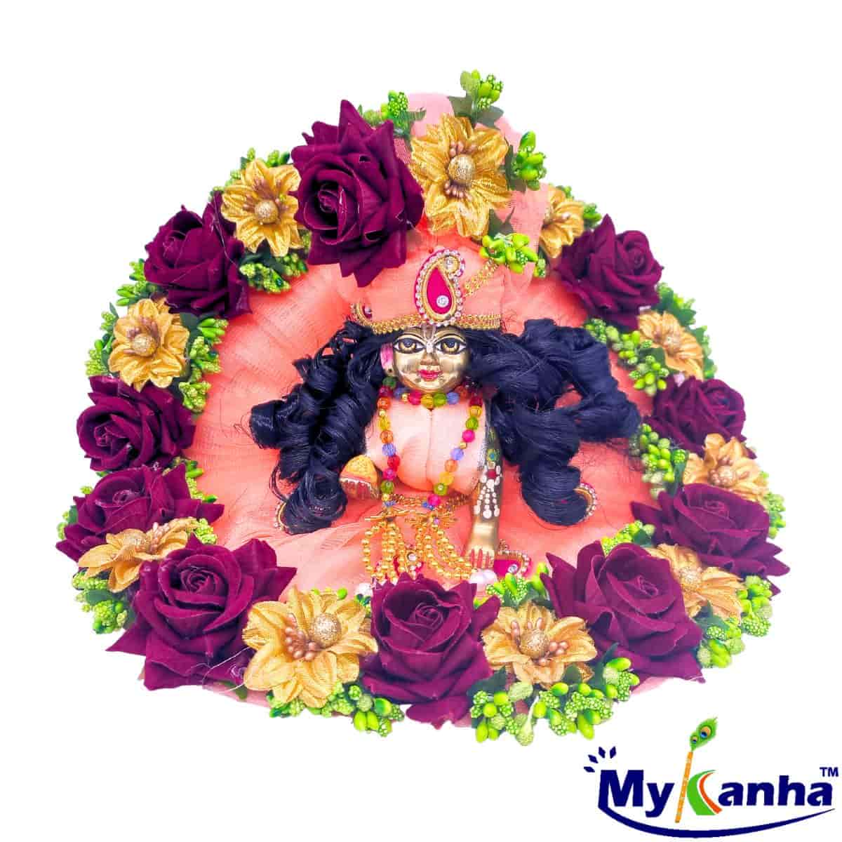 Heavy Flower Decorated Dress for Laddu Gopal Ji (Orange) with Mukut